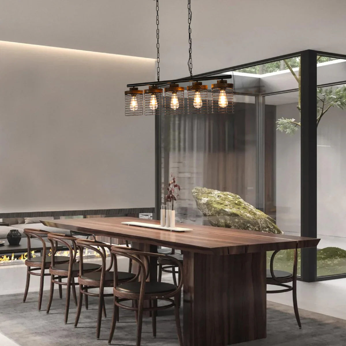 Industrial cage pendant light by Netline Home Interior featuring a rectangular 5-shade linear chandelier with wood accents.
