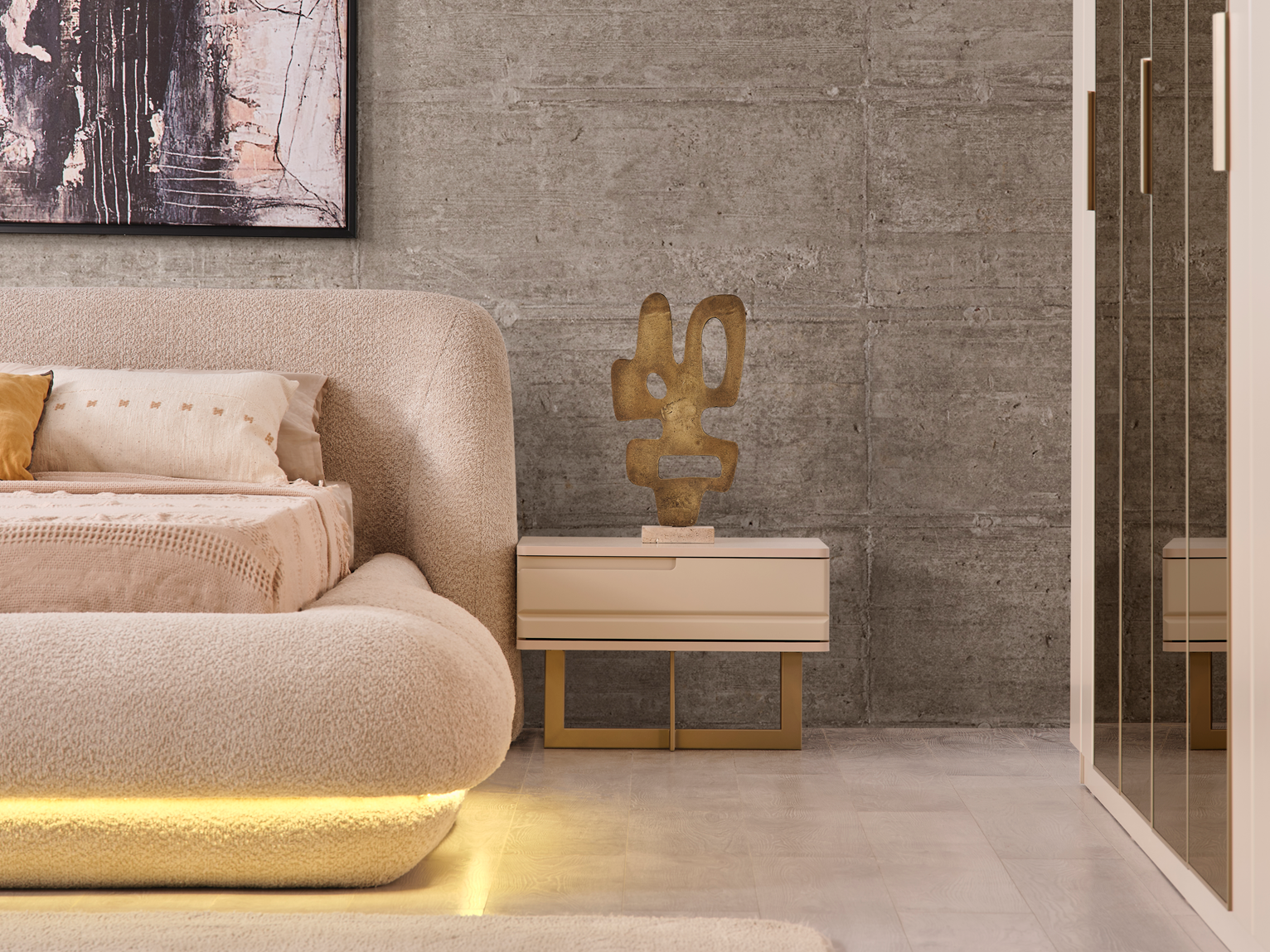 Netline Home Interior Oslo bedroom set with matching bedstead and nightstand, showcasing a modern bedroom furniture style.