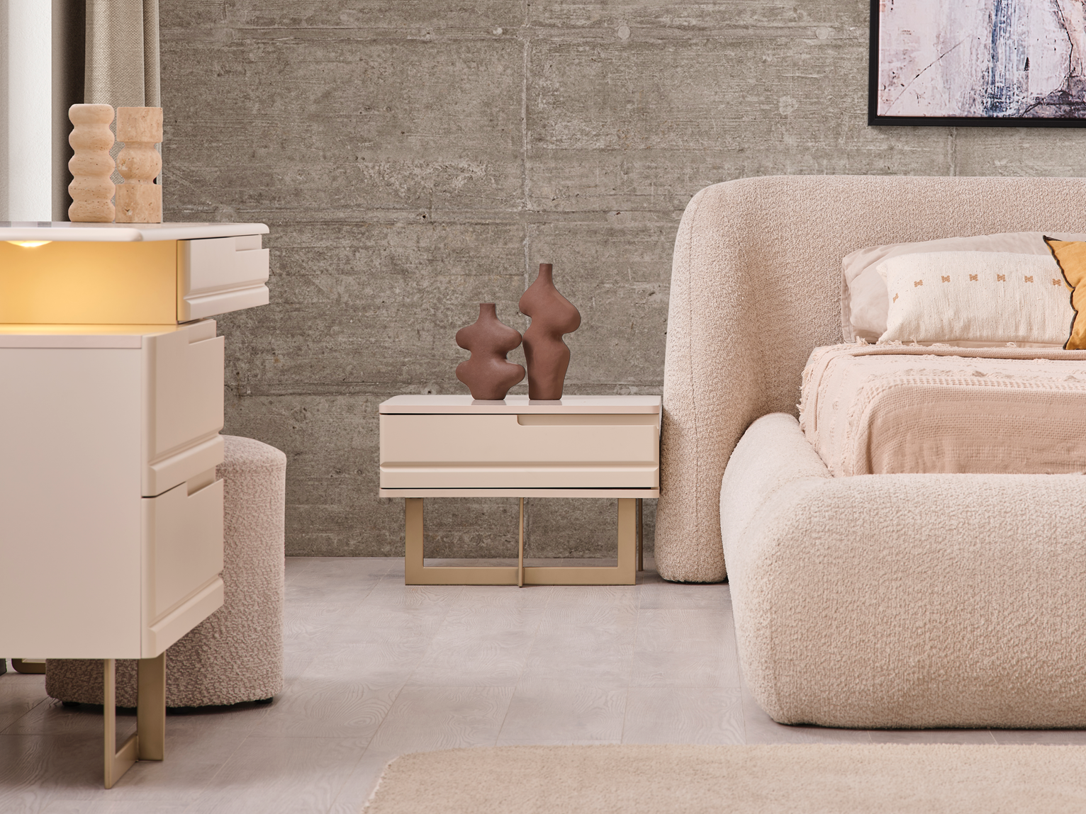Netline Home Interior Oslo bedroom set with matching dresser and nightstand, showcasing a modern, stylish bedroom furniture collection.