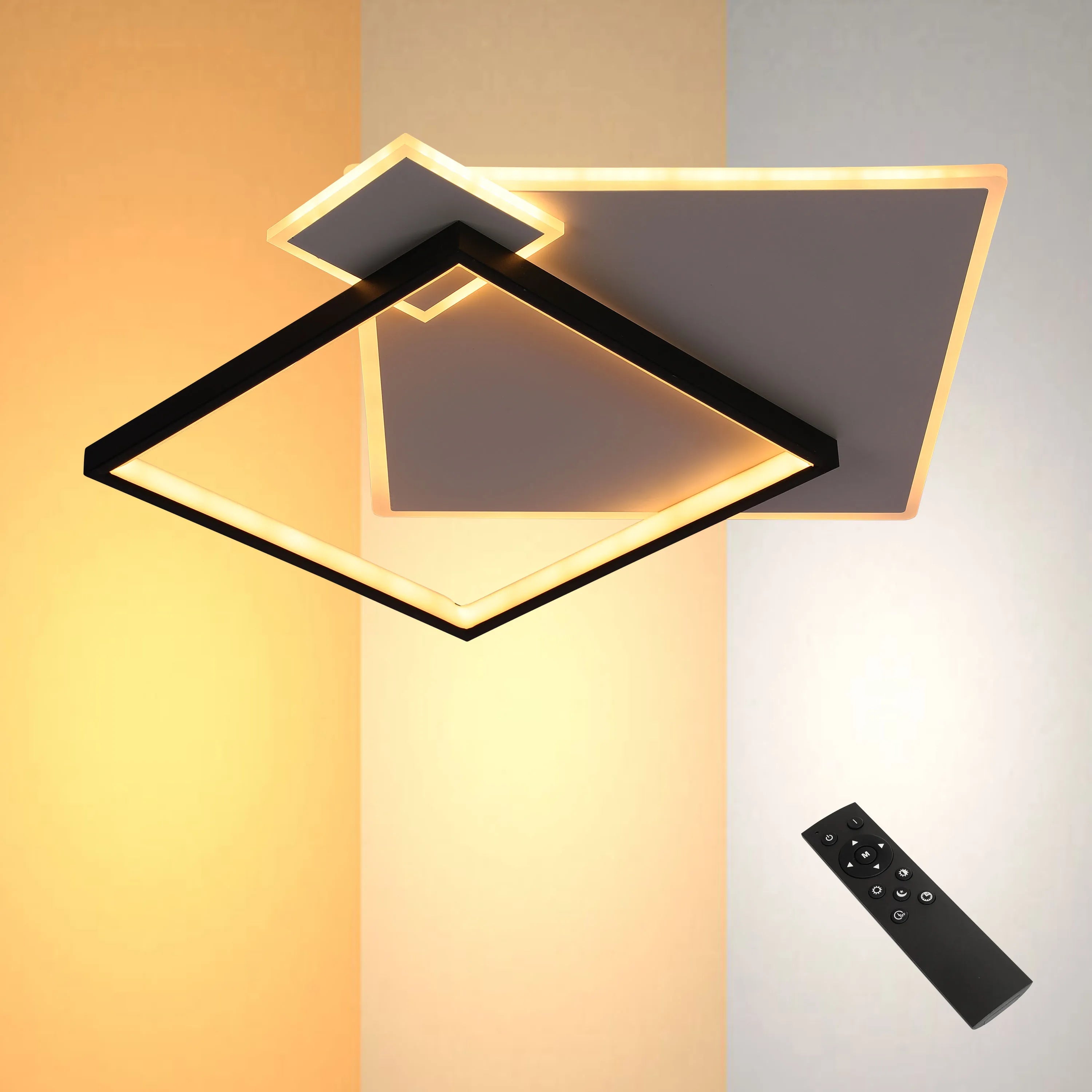 Layered square LED ceiling light with CCT tunable settings, black and white finish, 72W flush mount, remote control by Netline Home Interior.