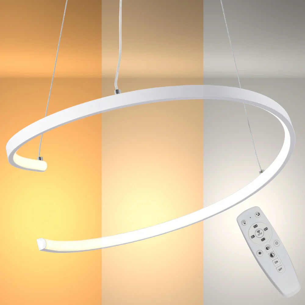 Contemporary Nordic pendant light with white spiral finish, 30W dimmable LED, CCT change, gold accents, remote control.