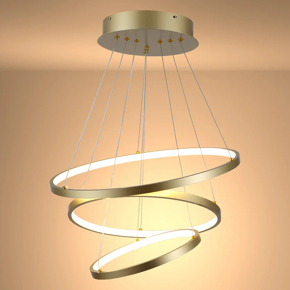 LED triple circle pendant light with gold finish, 4000K cool white, modern Nordic style, ceiling lighting from Netline Home Interior.