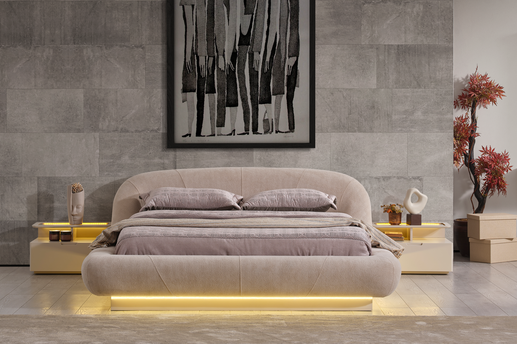 Elegant Lizbon Bedroom Set by Netline Home Interior featuring a stylish bed, matching nightstands, and modern bedroom furniture.