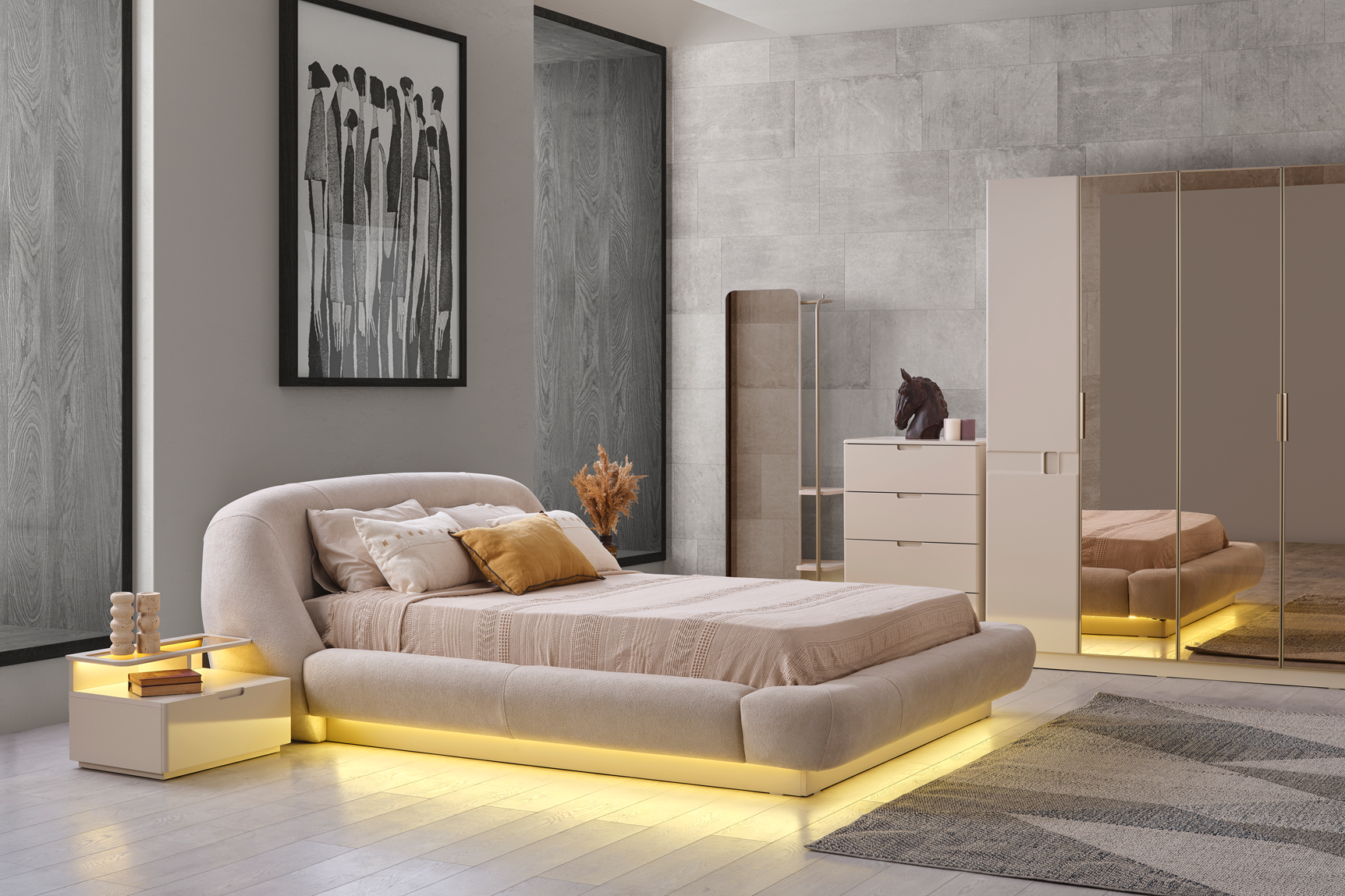 Lizbon bedroom set by Netline Home Interior featuring a bed with light-colored upholstery and matching bedroom furniture.