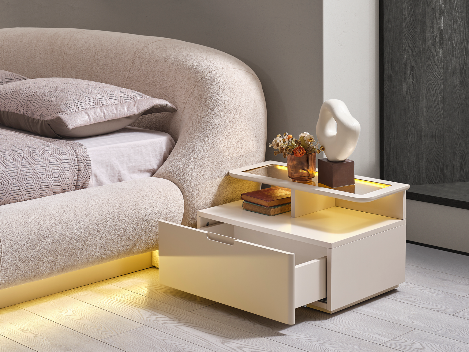 Lizbon bedroom set by Netline Home Interior featuring a bed with headboard, matching nightstand, and stylish bedroom furniture.