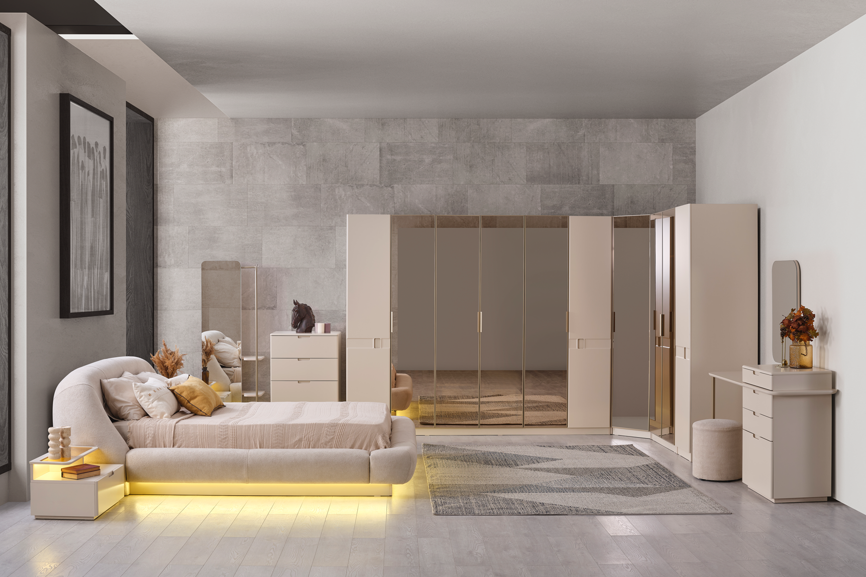 Modern Lizbon Bedroom Set by Netline Home Interior featuring a bed, nightstands, and wardrobe in a stylish bedroom layout.