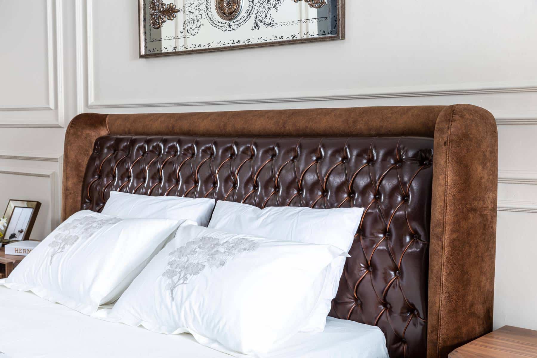 Brown Lotus bedroom headboard and base by Netline Home Interior, stylish bed support with modern design.