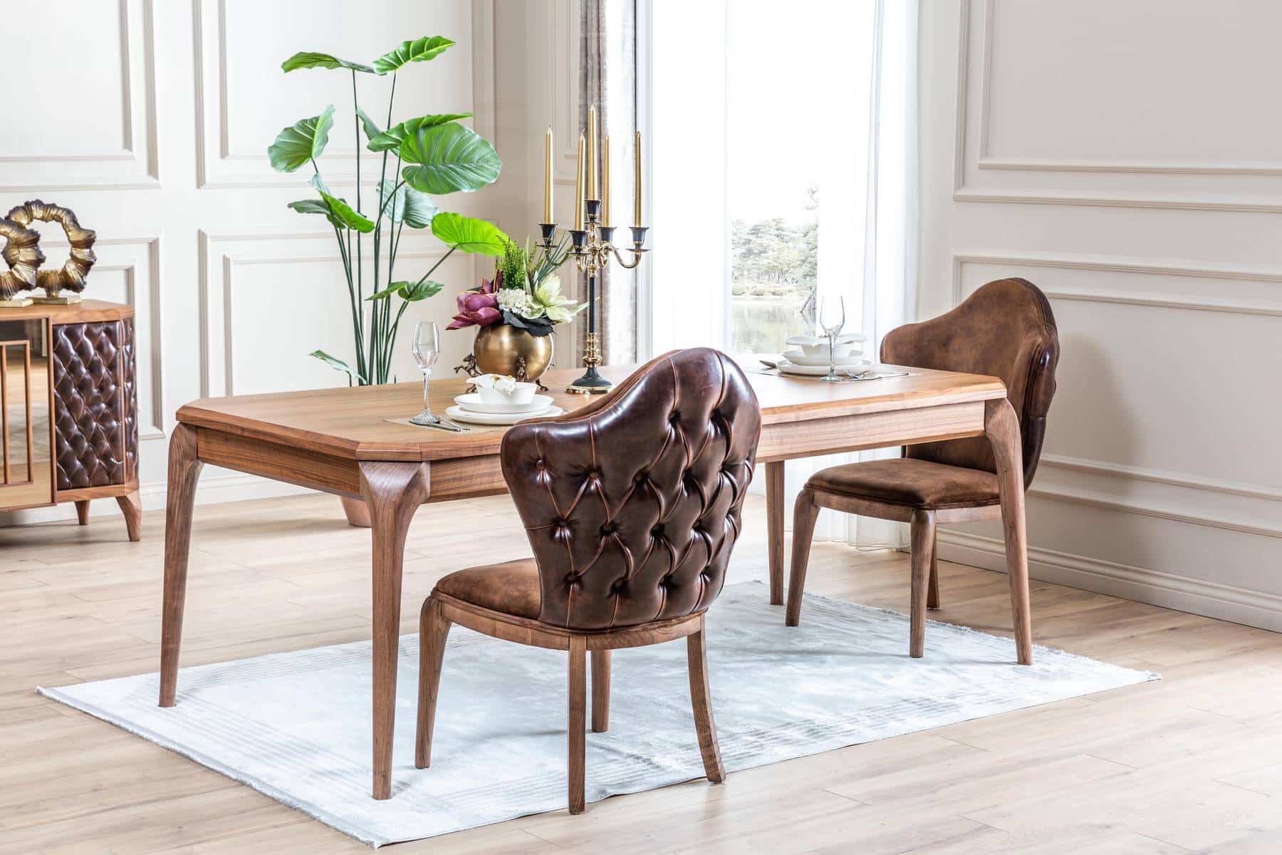 Modern Lotus Dining Table by Netline Home Interior with a sleek wooden surface and sturdy legs in a contemporary dining room setting.