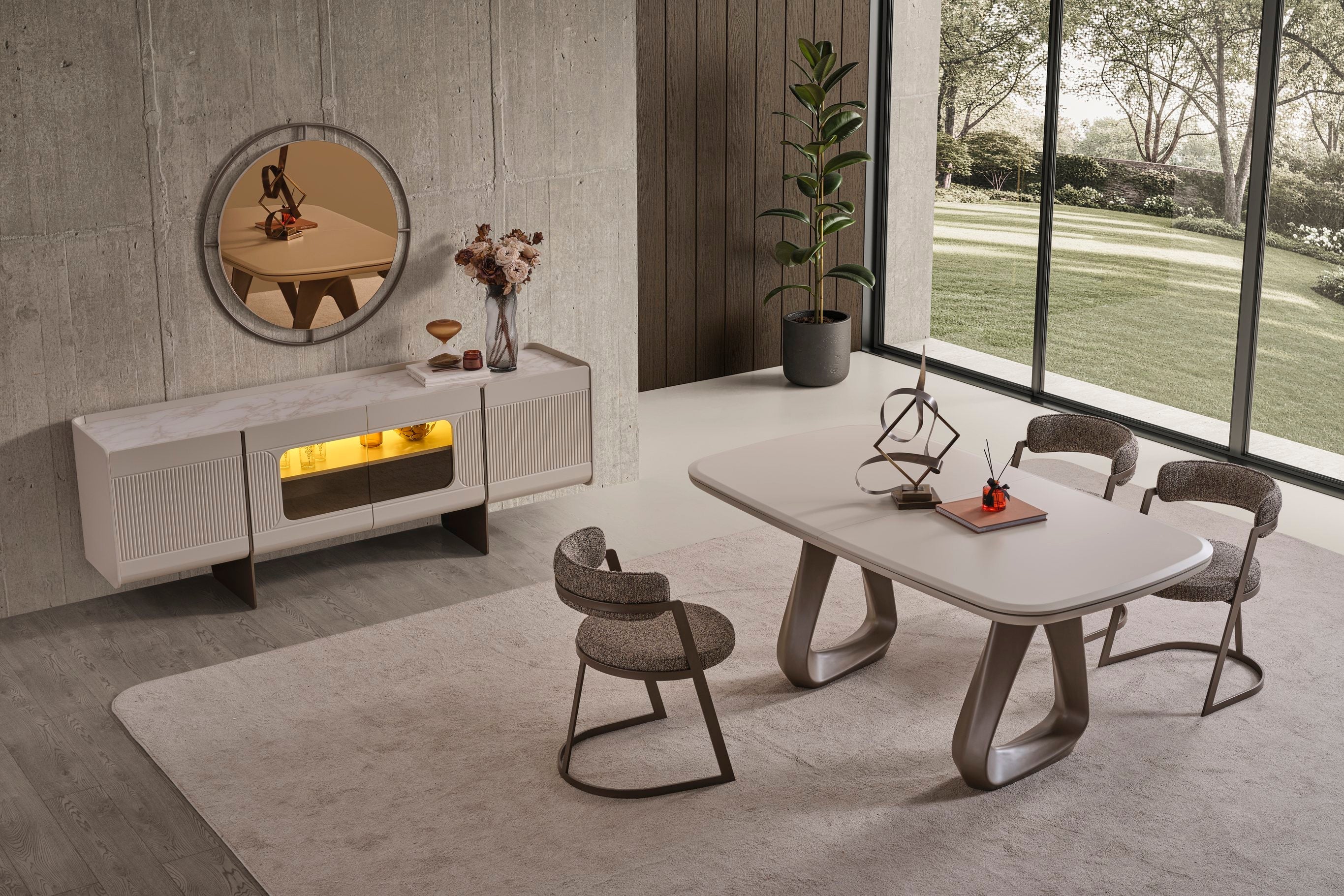 Modern Luna dining room set by Netline Home Interior featuring a sleek table and matching chairs for stylish entertaining.