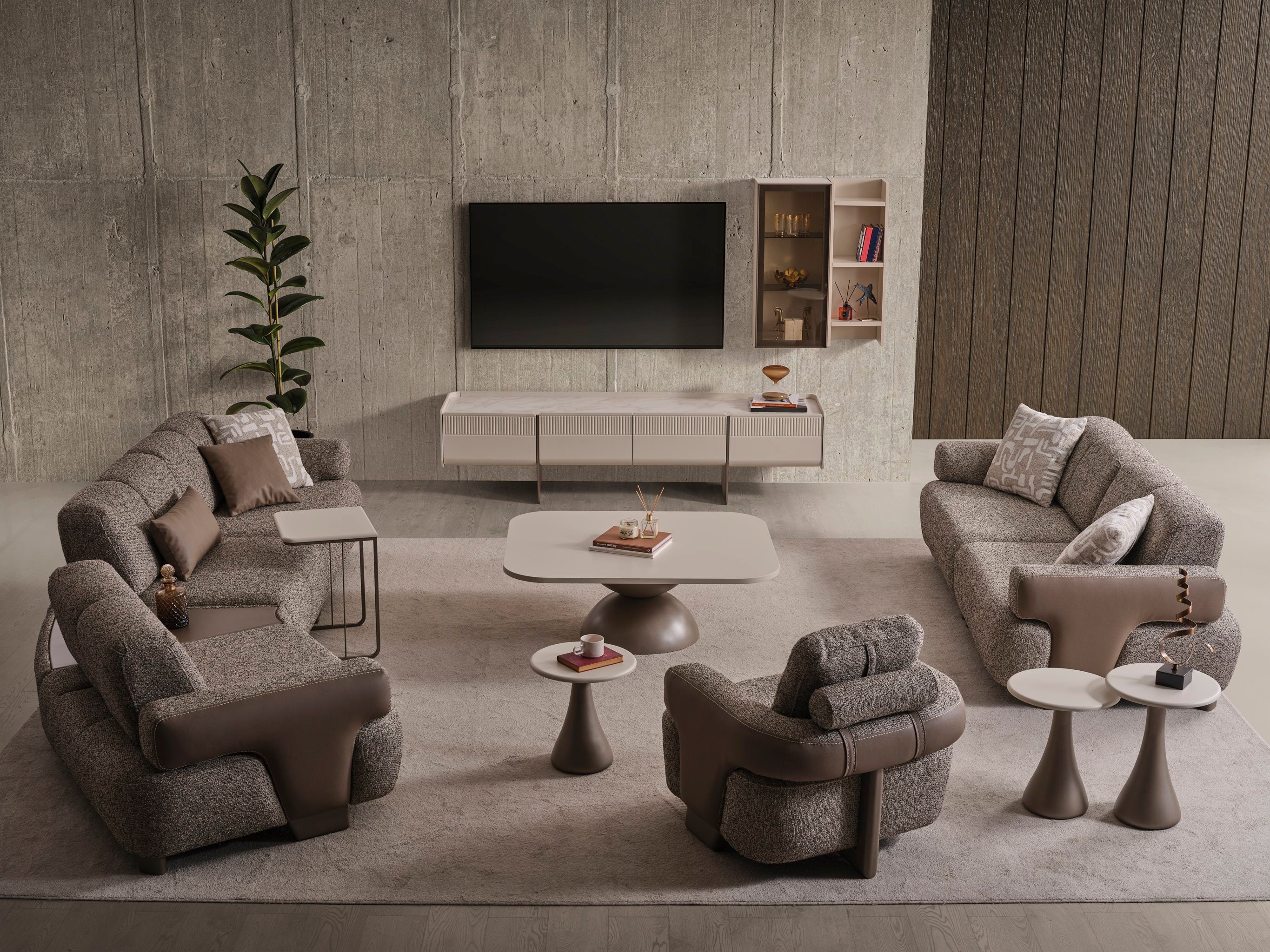 Contemporary Luna TV unit by Netline Home Interior featuring sleek media storage with open and closed compartments.
