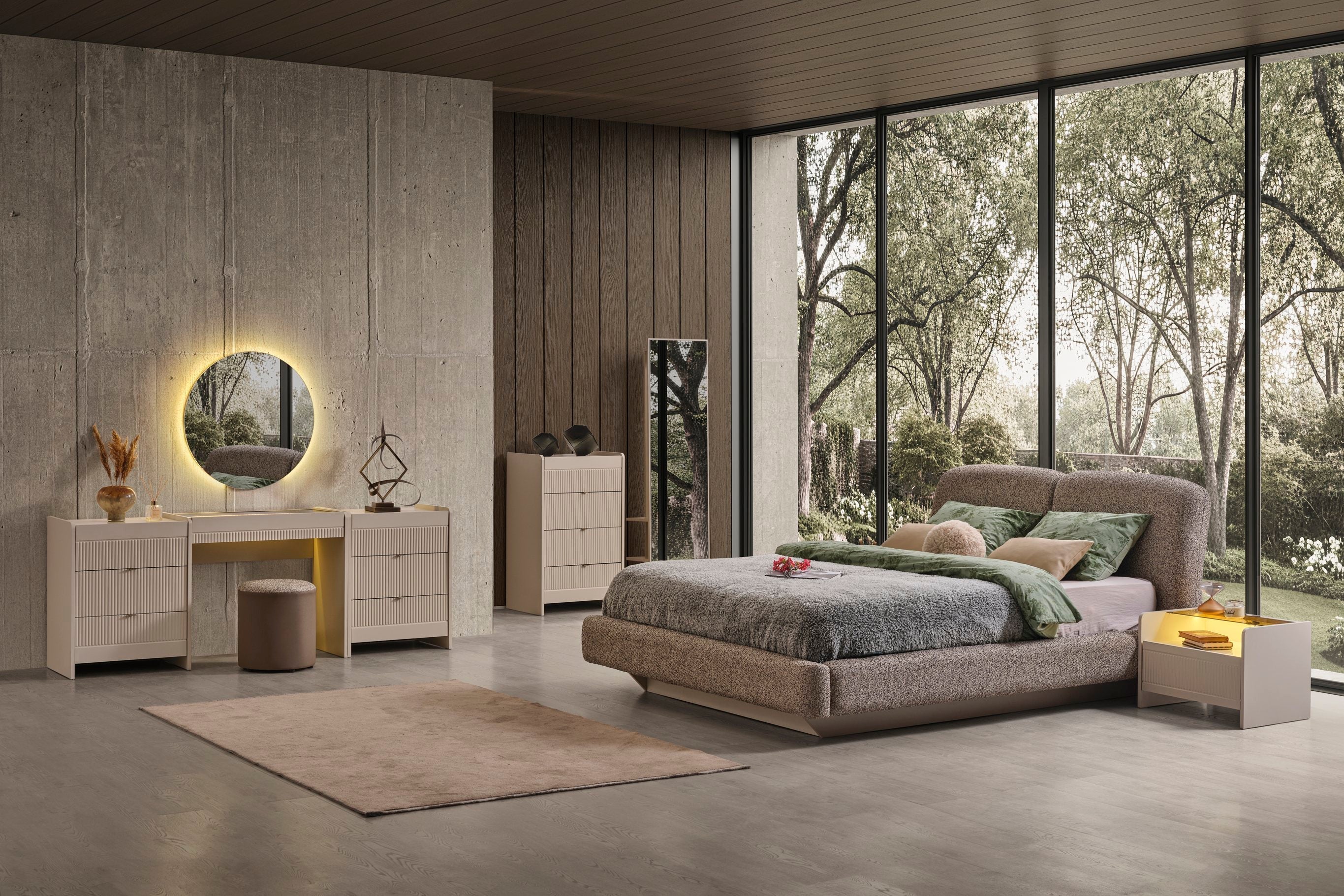 Netline Home Interior Luna bedroom set with a modern bed frame, matching nightstands, and stylish bedroom decor in a cozy room setting.