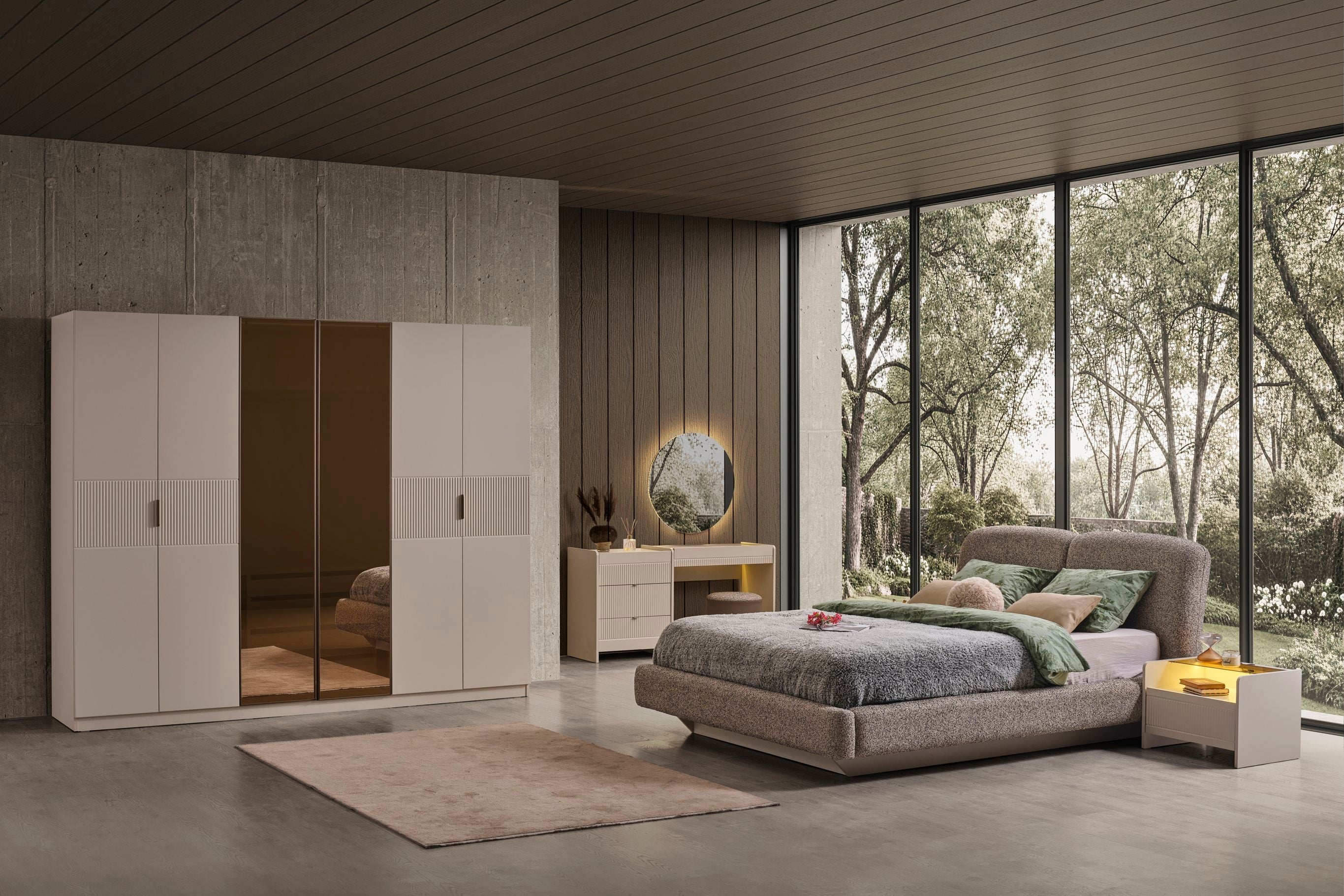 Netline Home Interior Luna bedroom set with bed, nightstands, and dresser in a modern bedroom style.