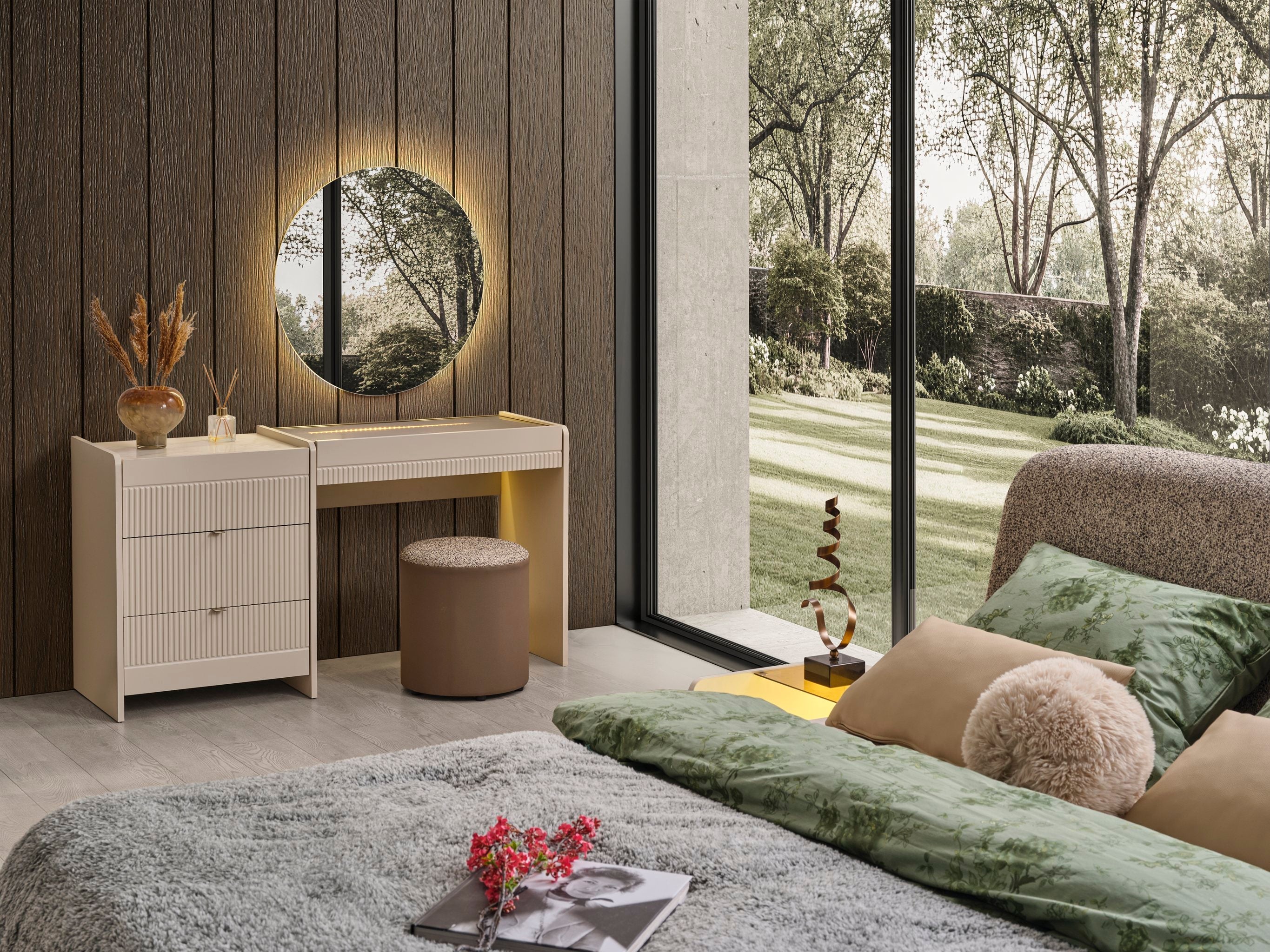 Netline Home Interior Luna bedroom set with bed frame, nightstands, and matching furniture in a modern bedroom interior.