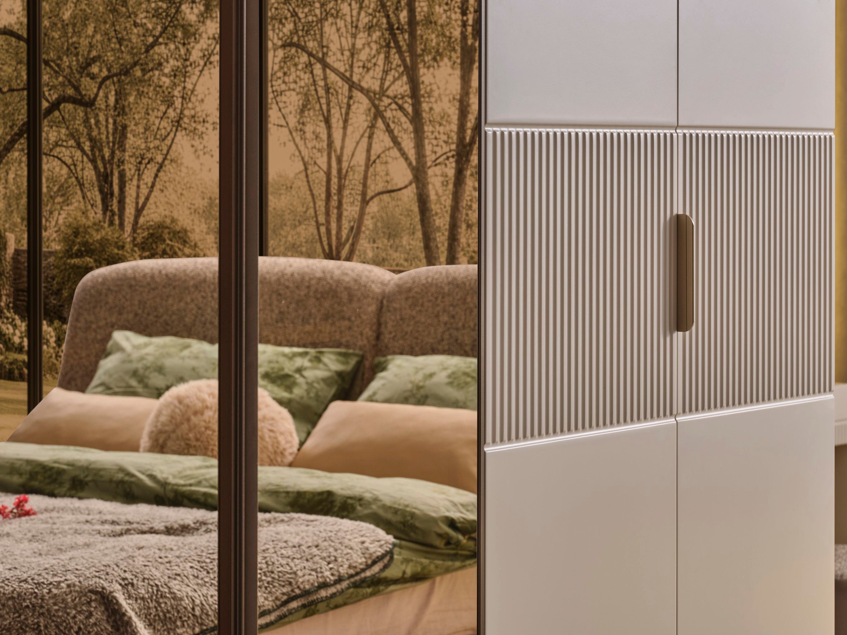 Netline Home Interior Luna bedroom set with bed, nightstands, and dresser showcasing modern bedroom furniture style.