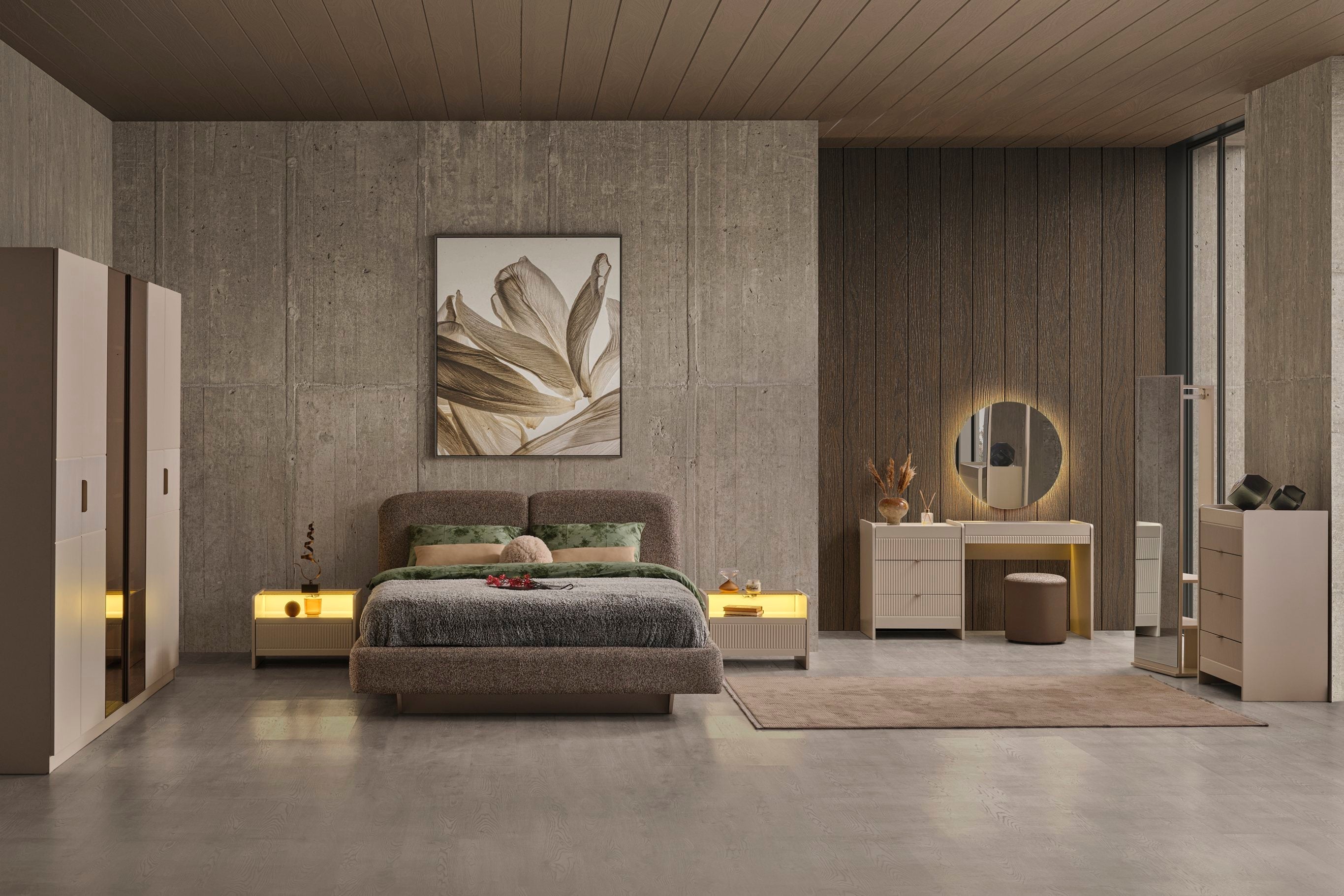 Netline Home Interior Luna Bedroom Set featuring a modern bed frame, matching nightstands, and stylish bedroom furniture.