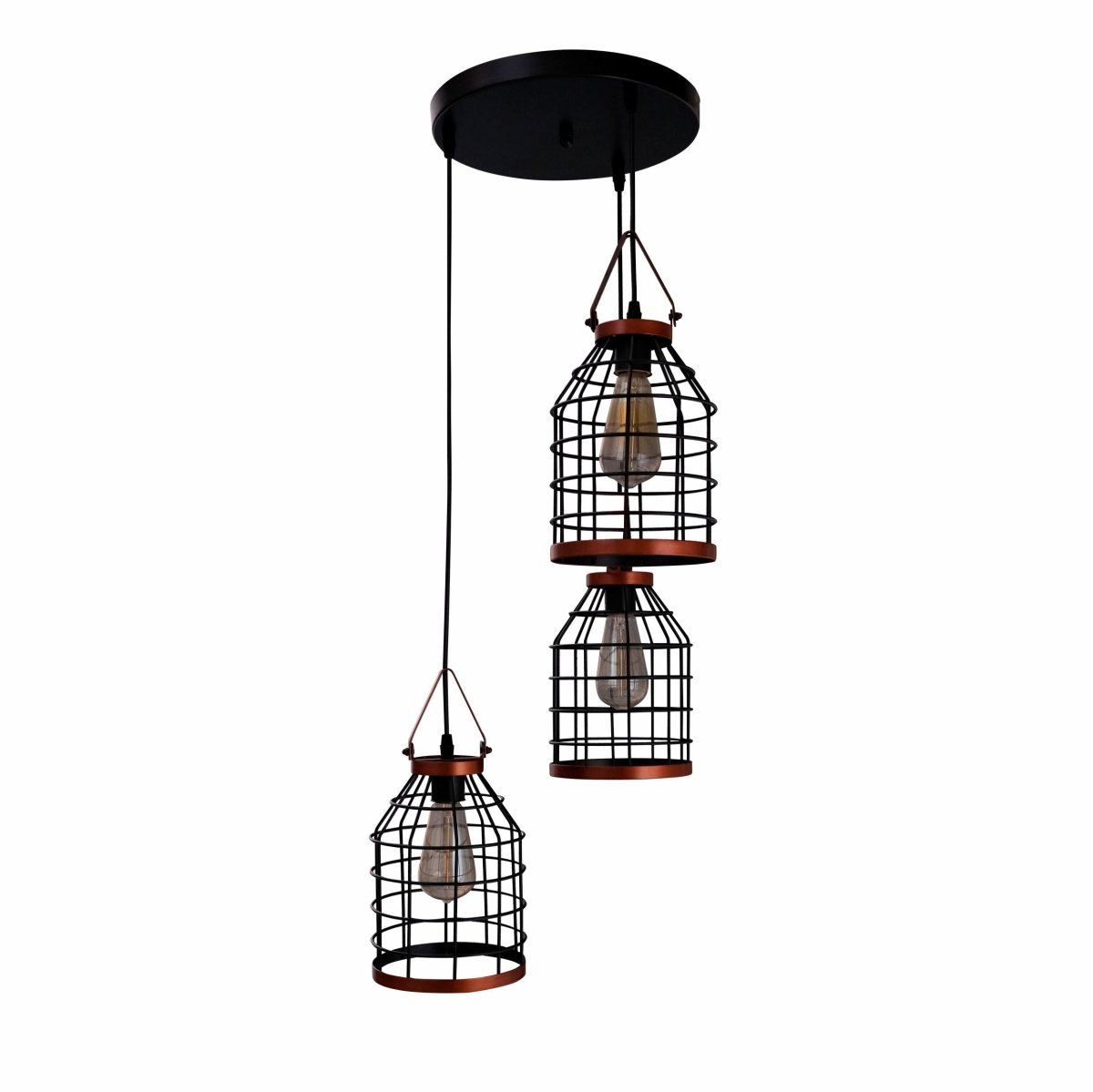 Black cage metal pendant light with E27 socket, modern statement lighting fixture for contemporary interior spaces