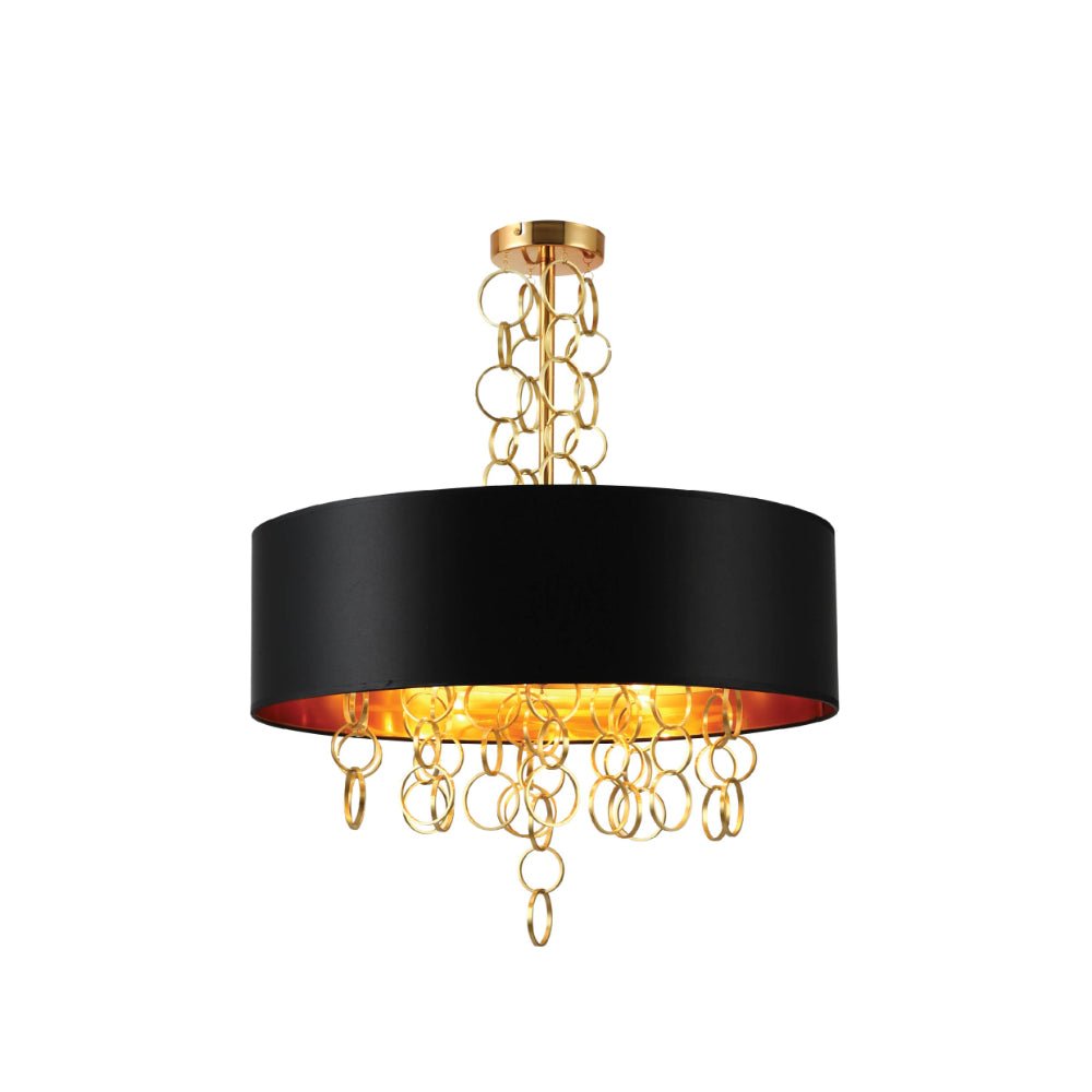Black copper fabric drum shade chandelier with gold ring and four E14 fittings, contemporary ceiling light by Netline Home Interior.