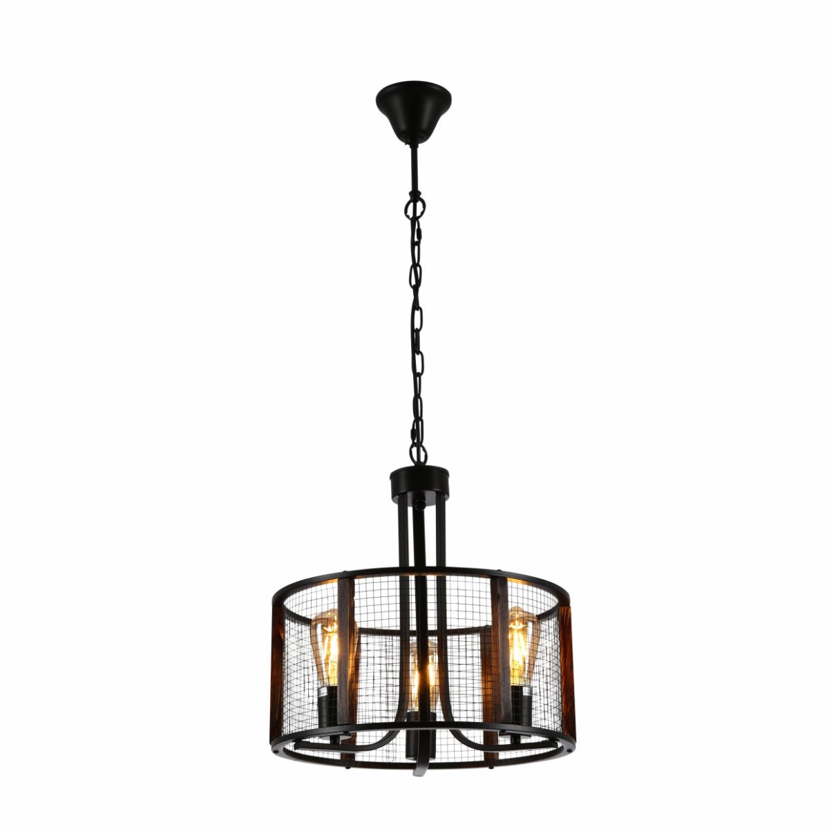 Black metal and natural wood cylinder cage pendant light with three E27 bulbs, modern ceiling lighting fixture.