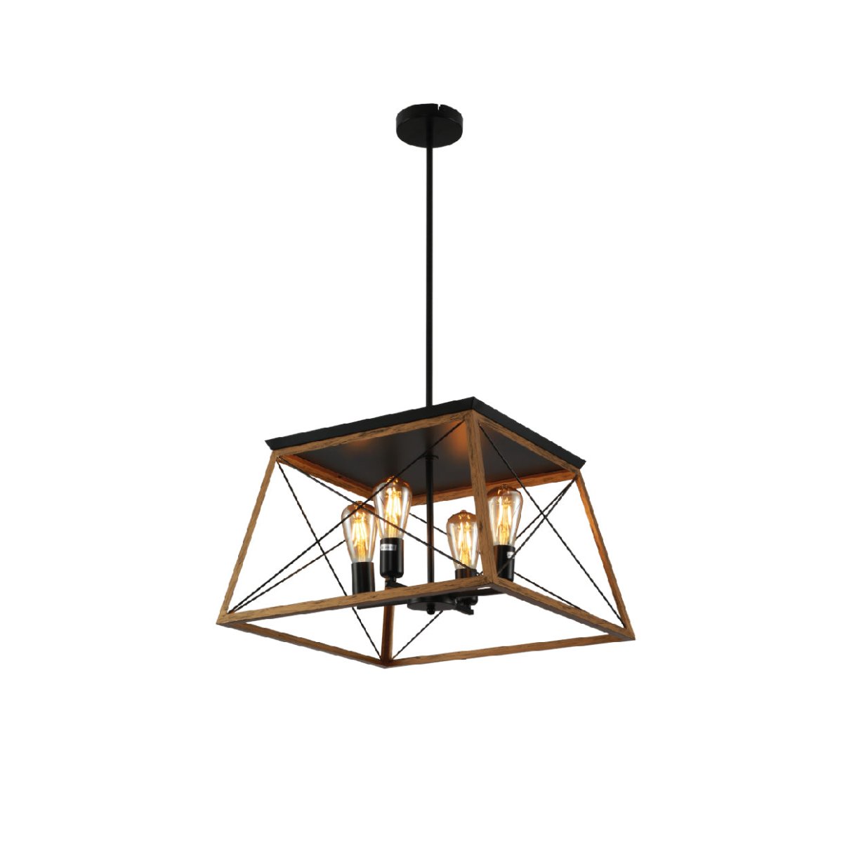 Wood and black caged pendant light with four E27 bulbs, industrial retro square design for kitchen island lighting.