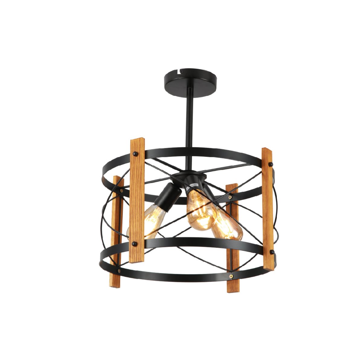 Industrial retro round pendant light with black wood finish featuring three E27 sockets, ideal for modern home interior decor.