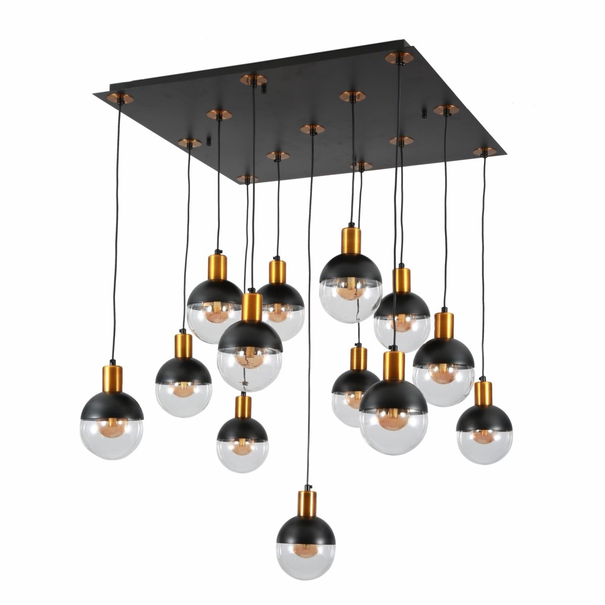 Clear black globe glass chandelier with modern Nordic design and 13 G9 bulbs, ceiling light fixture by Netline Home Interior
