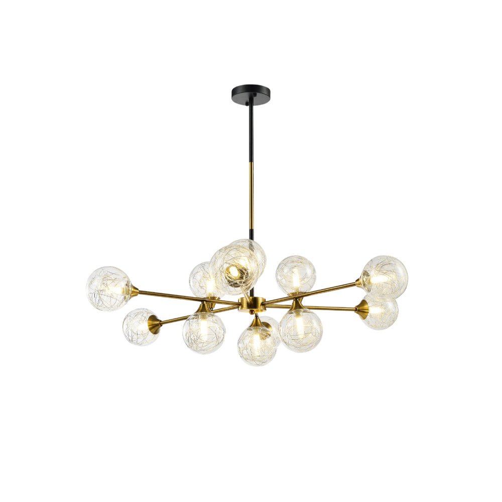 Gold metal Sputnik chandelier with clear glass globes and 12 G9 fittings, ceiling light fixture from Netline Home Interior.