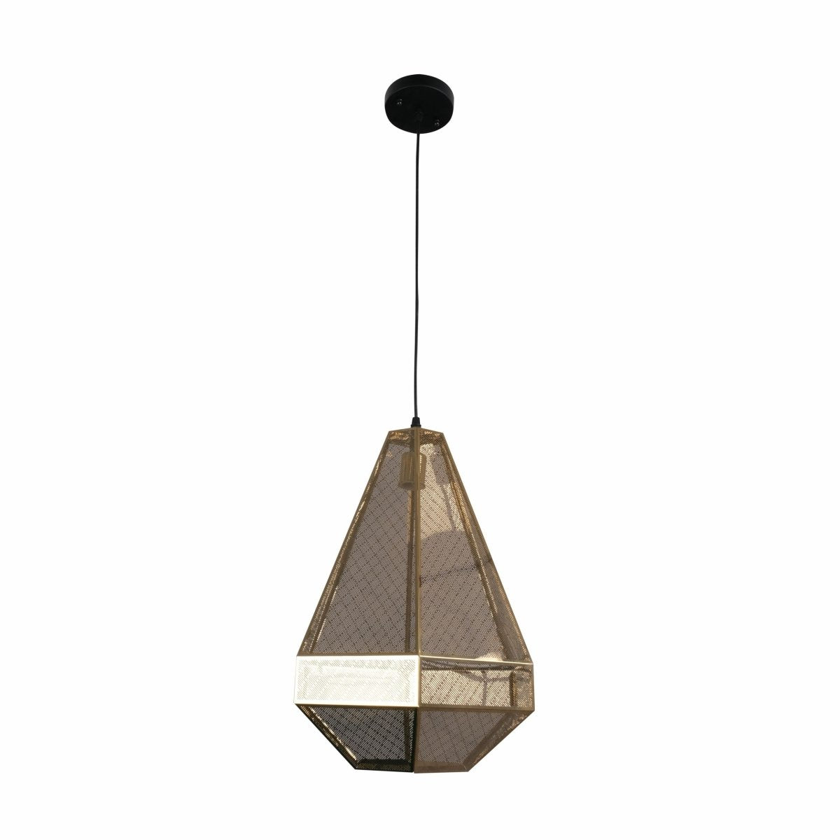 Gold metal polyhedral pendant light with E27 bulb socket, modern statement lighting fixture for stylish interior decor.