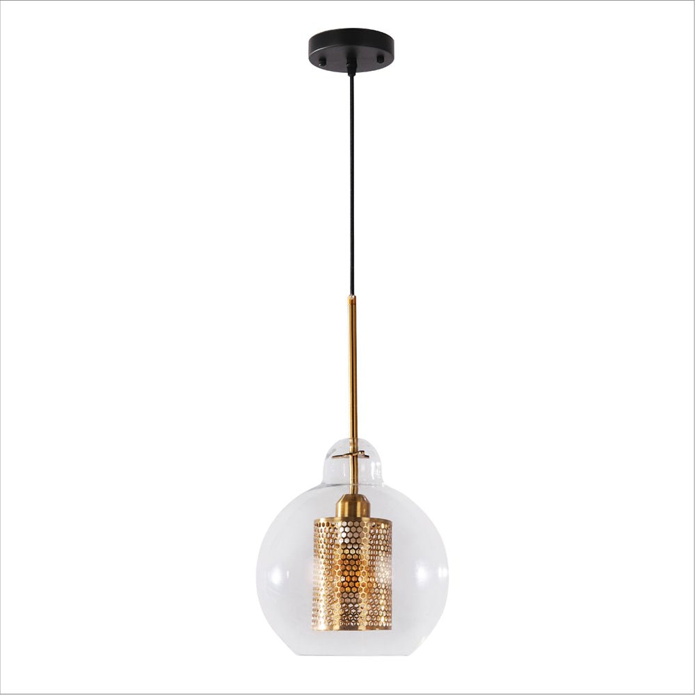 Golden metal pendant light with clear glass globe and E27 socket, stylish statement lighting by Netline Home Interior.