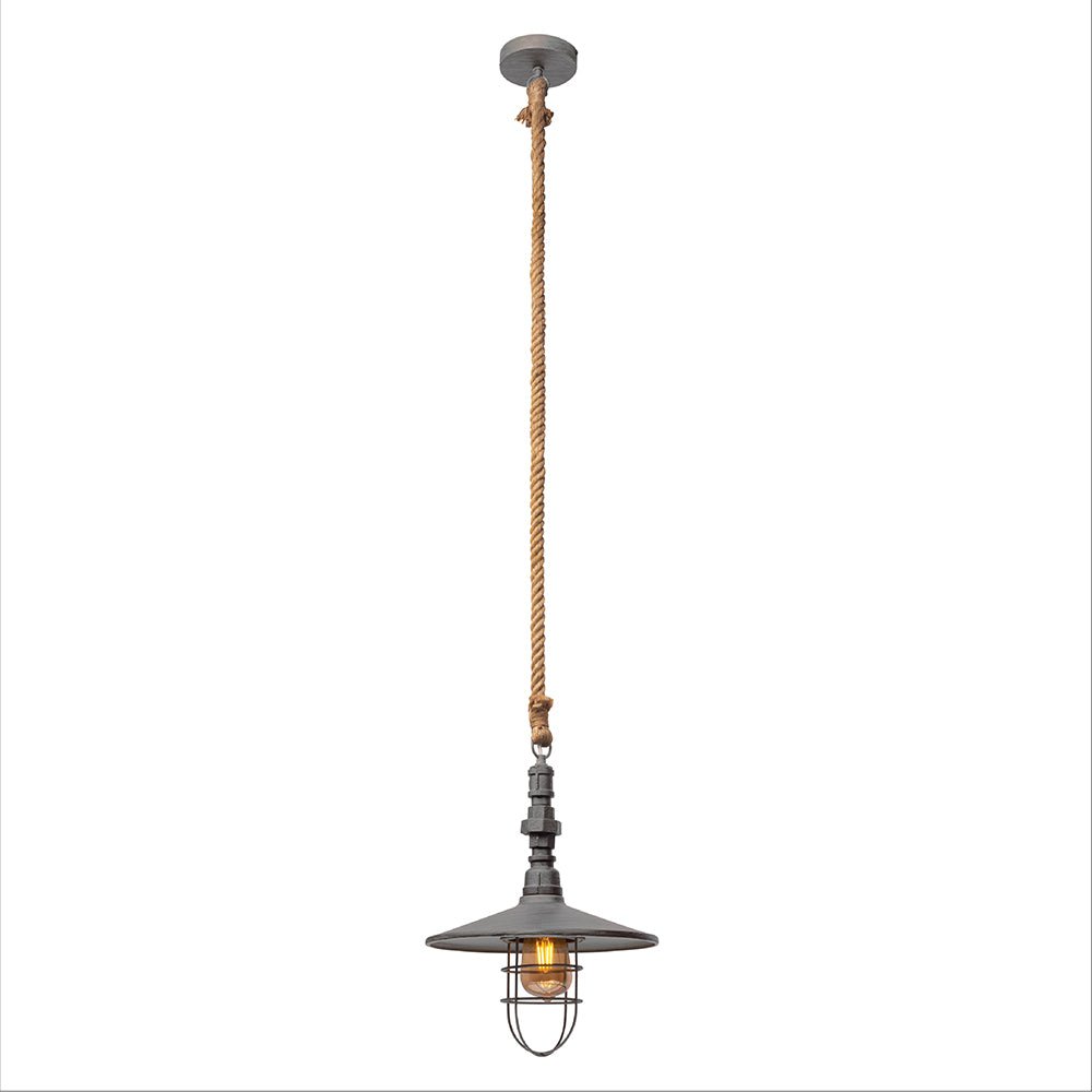 Silvery grey metal industrial pendant light with cage design, E27 socket, vintage style for statement lighting in modern interiors.