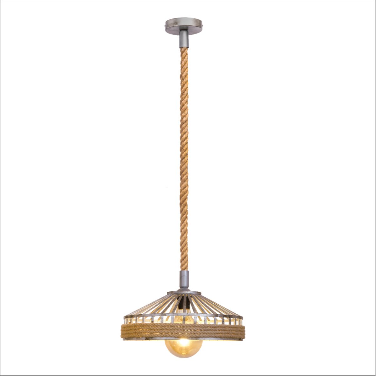Silvery grey metal hemp rope cage pendant light with E27 bulb socket, modern statement lighting fixture.