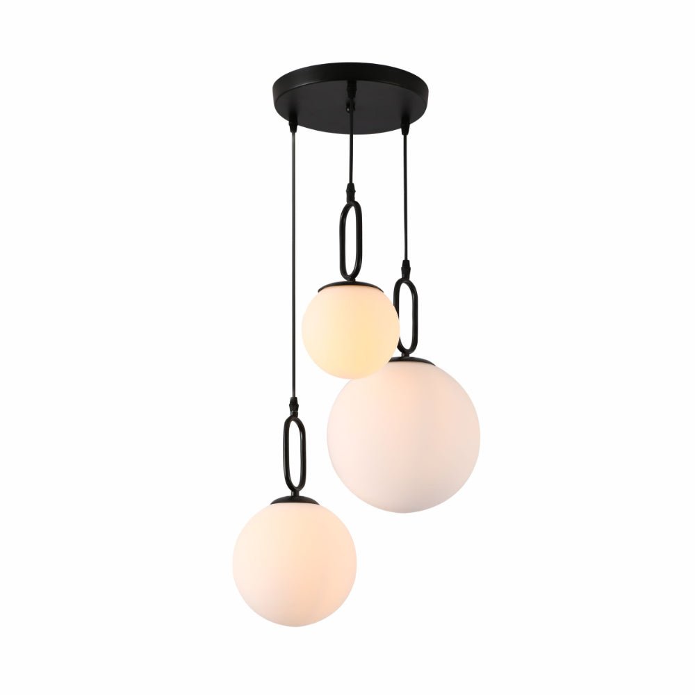 Opal glass globe pendant lights with black handles, three ceiling fixtures with E27 fittings for modern statement lighting.
