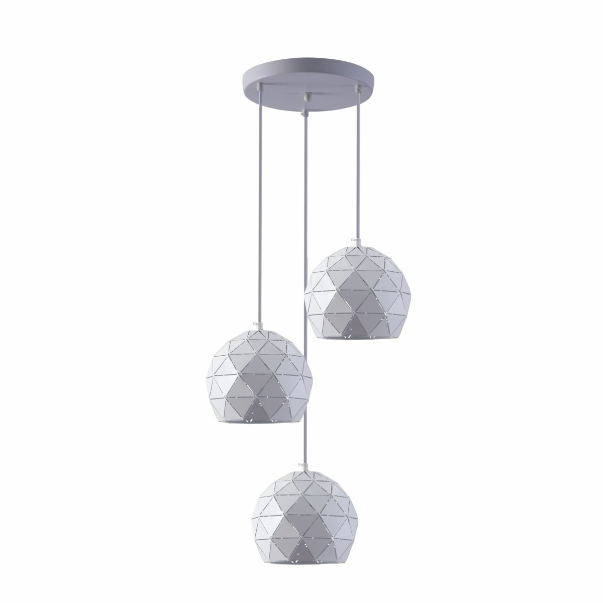 White metal triangle laser-cut globe pendant light with 3 E27 bulbs, modern statement lighting from Netline Home Interior.