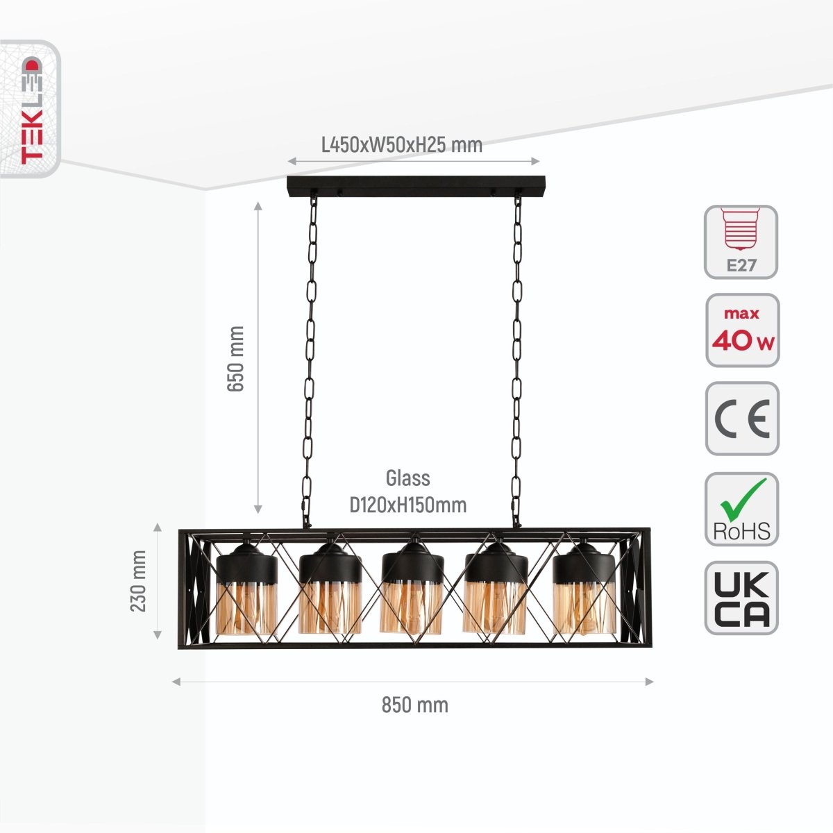 Black caged metal and amber glass cylinder island chandelier with five E27 bulbs, ceiling light fixture for modern home interiors.