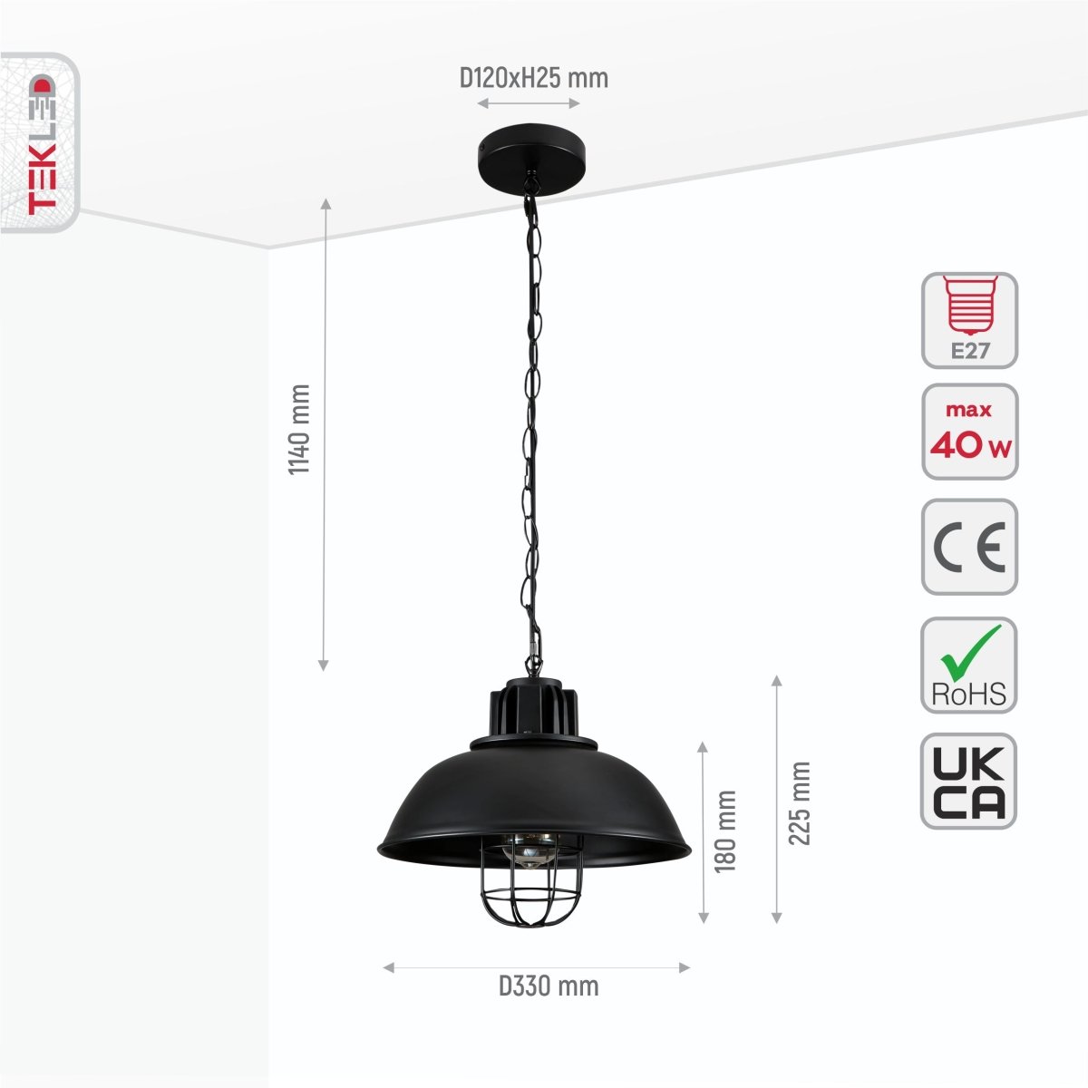 Black dome caged industrial metal pendant light with E27 fitting, designed for statement lighting in modern interiors.