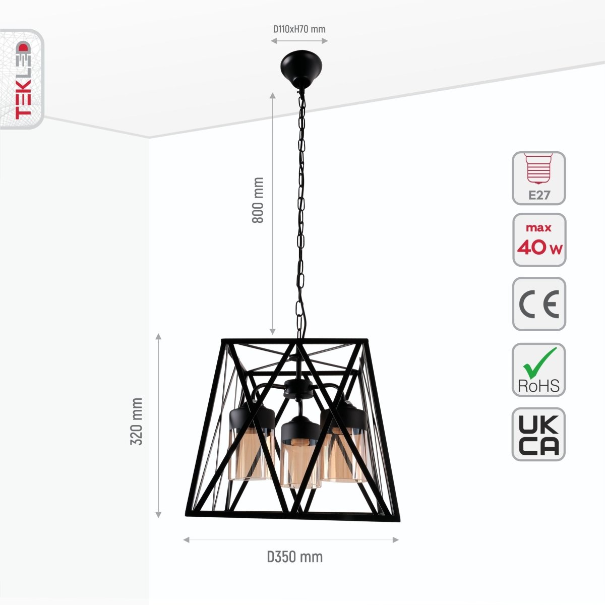 Black metal and amber glass cage chandelier with cuboid design and three E27 bulbs, ceiling light for modern interiors.