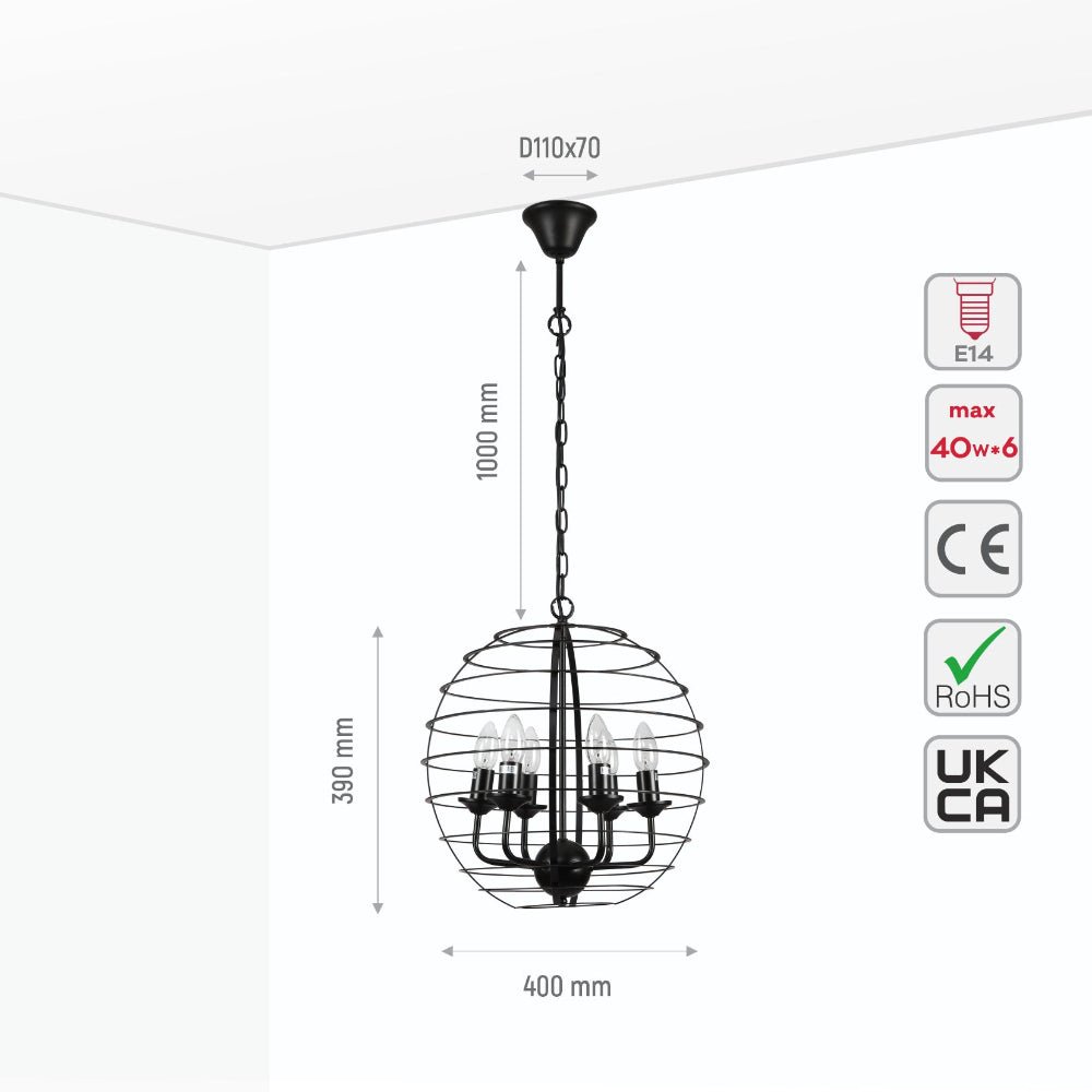 Black metal cage pendant light with six E14 fittings, decorative candle lantern-style ceiling lighting by Netline Home Interior