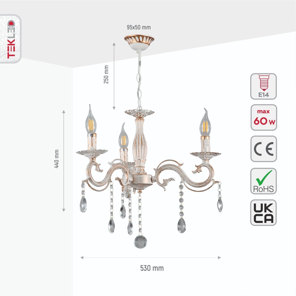Traditional vintage candle waterfall chandelier ceiling light with crystal accents in gold aged cream finish, featuring 3 arms and E14 bulbs.