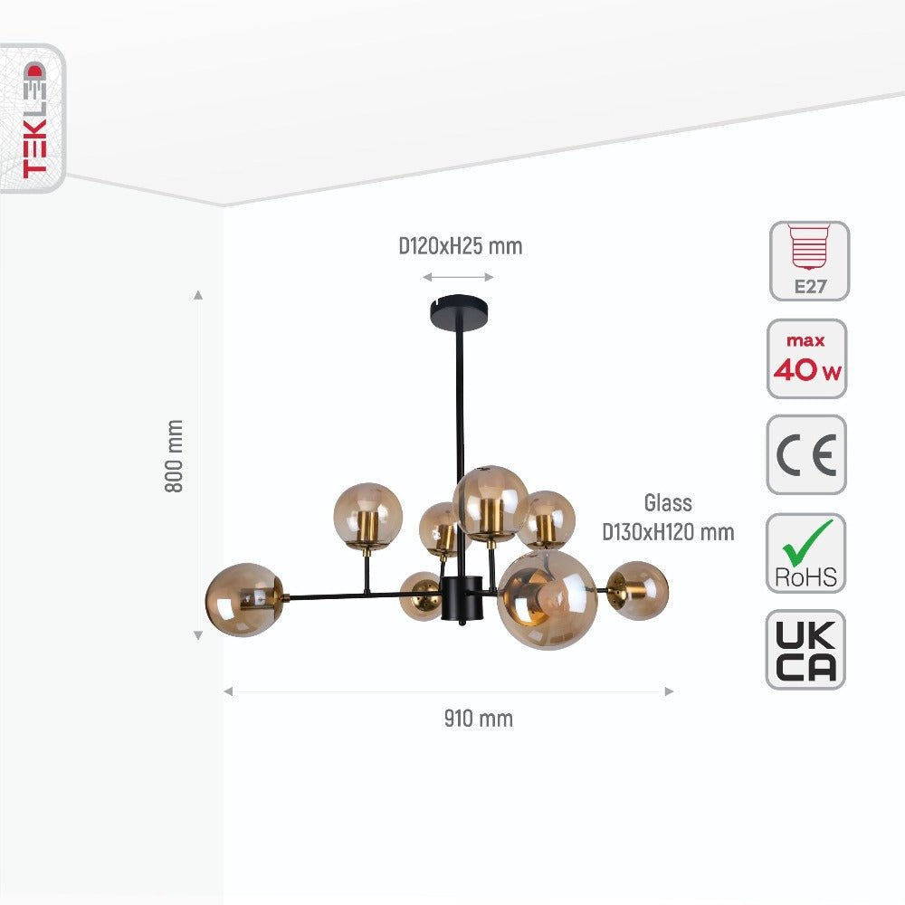 Modern Stilnovo Amber or Opal Glass Globe Sputnik Chandelier with black metal body and E27 socket for ceiling lighting.