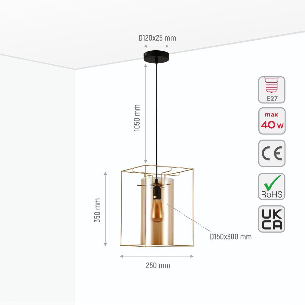 Gold metal cage amber glass pendant light with E27 fitting, stylish ceiling lighting by Netline Home Interior.