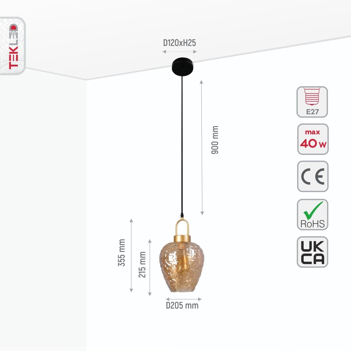 Miele Lungo amber glass pendant light with E27 bulb socket, modern statement lighting fixture by Netline Home Interior.