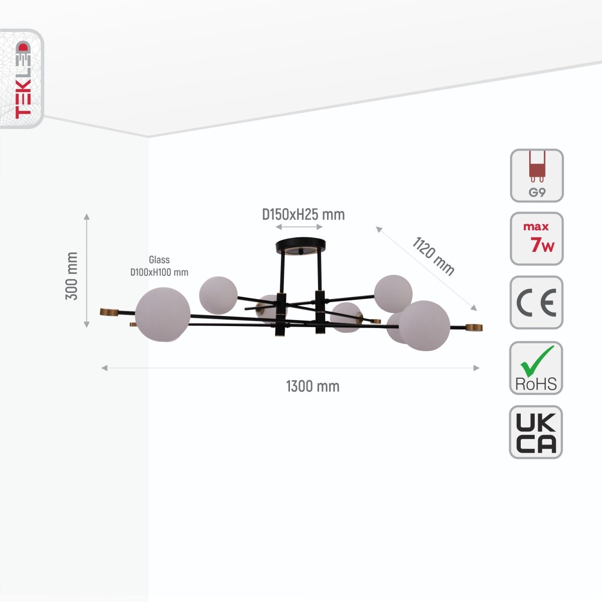 White globe glass semi-flush ceiling light with black rod body and G9 sockets, ideal for contemporary home lighting.
