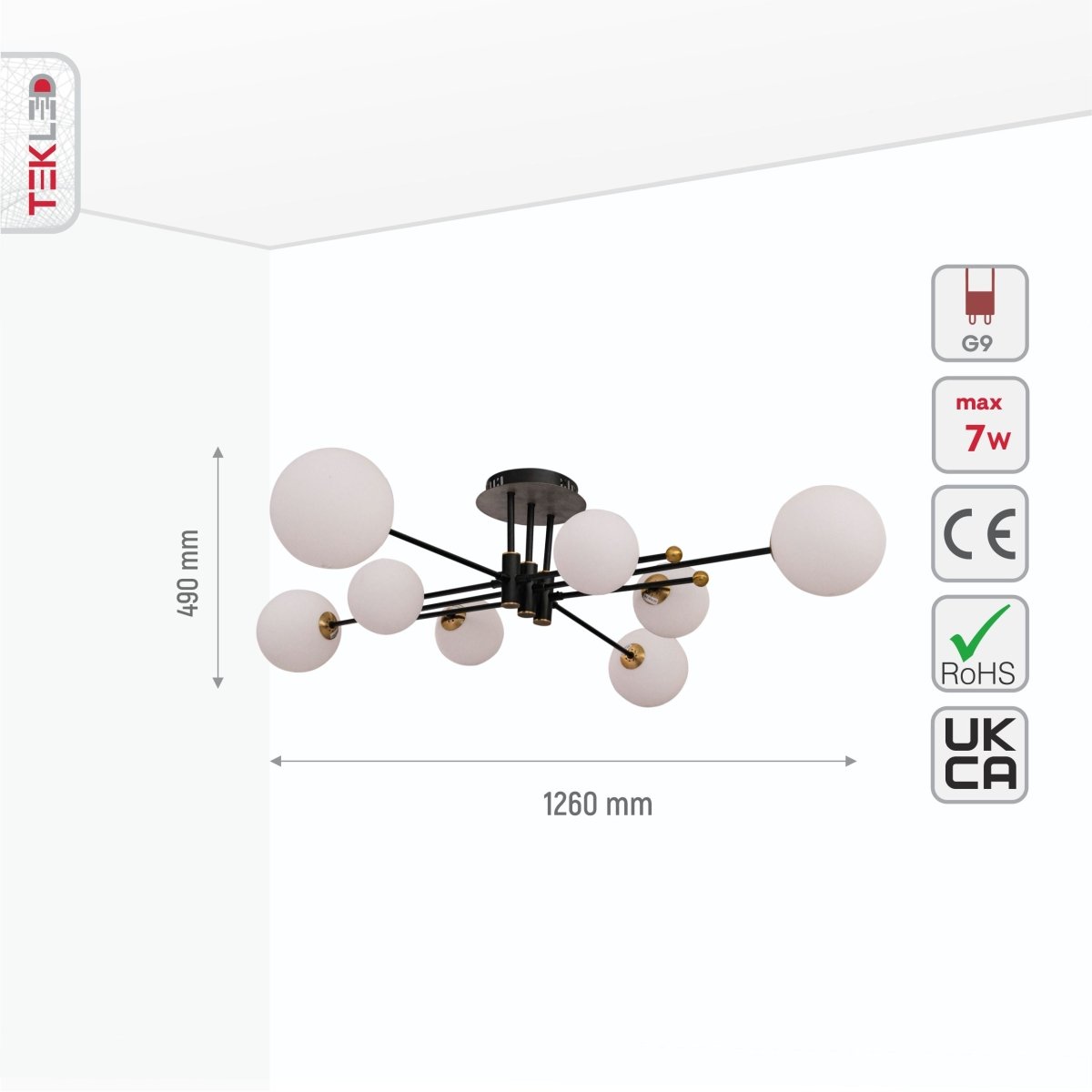 White globe glass semi-flush ceiling light with black rod body, featuring 8 G9 sockets for contemporary home lighting.