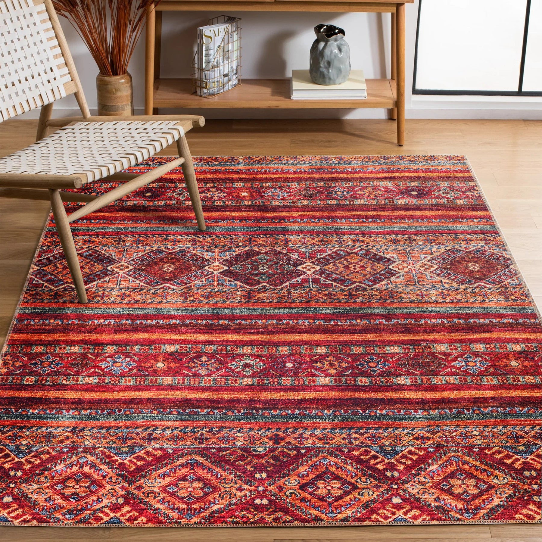 Multicolor tribal diamond washable rug by Netline Home featuring striped kilim-inspired design for living room, bedroom, or dining area.