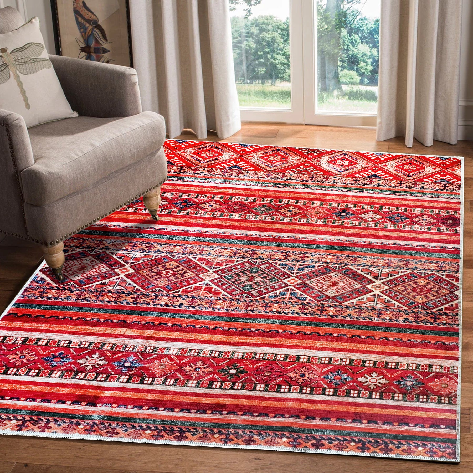 Machine washable red tribal kilim rug by Netline Home featuring multicolor geometric stripes, ideal for living rooms, bedrooms, and dining areas.