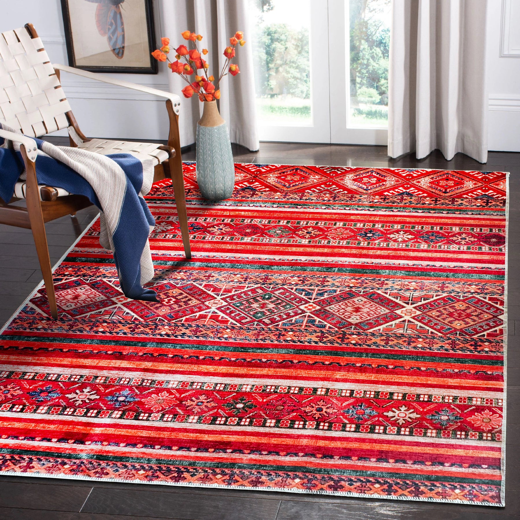 Machine washable red tribal Kilim rug by Netline Home featuring multicolor geometric striped design for living room or bedroom decor.