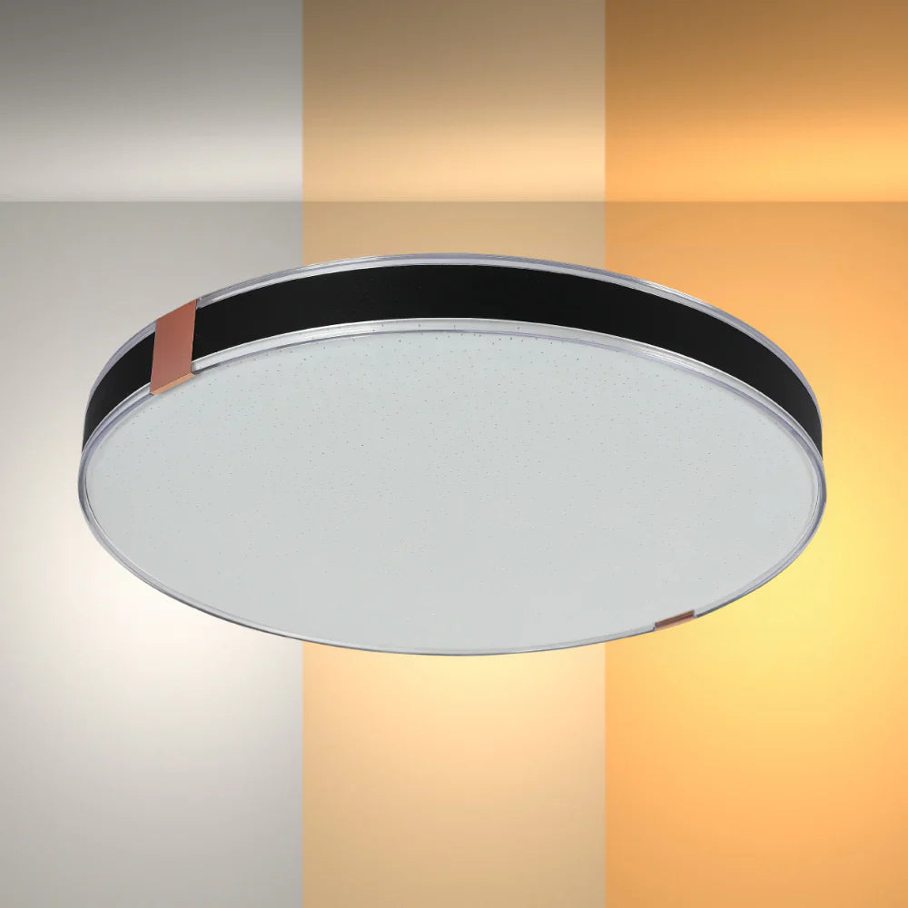 Modern flush ceiling light with black frame and bronze accents, stylish lighting fixture for contemporary home interiors.