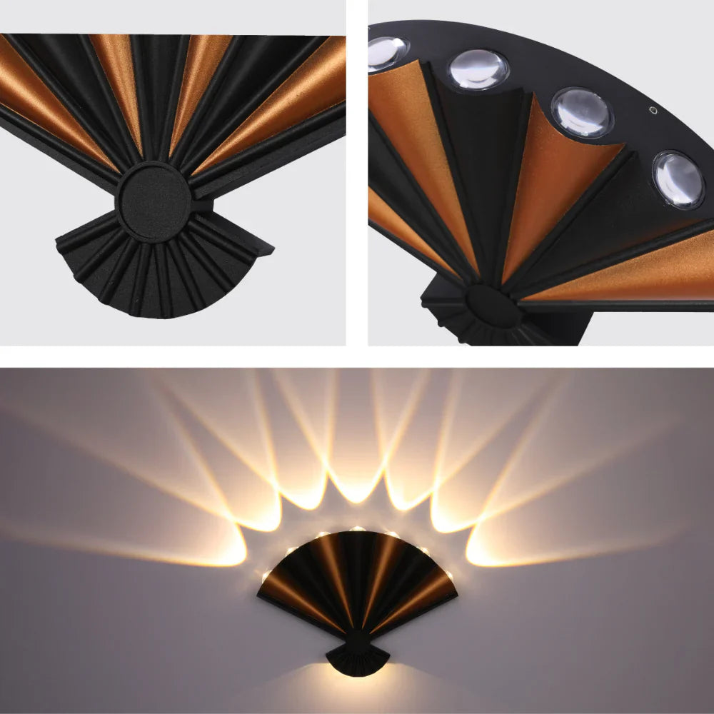 Modern black folding fan LED wall light with 8-way design, 3000K warm white glow, 8W for stylish home interior lighting.