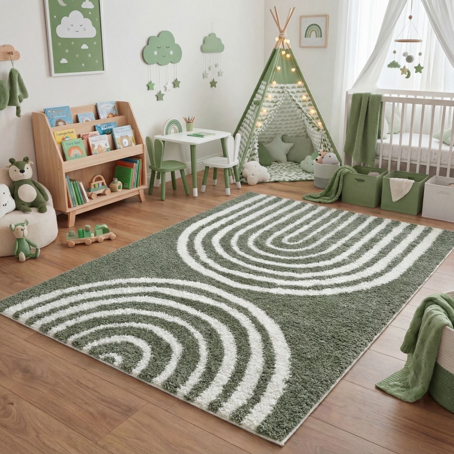 Green Moodi Shaggy Reverie Runner Rug by The Rugs, featuring a plush shaggy texture and vibrant green color.