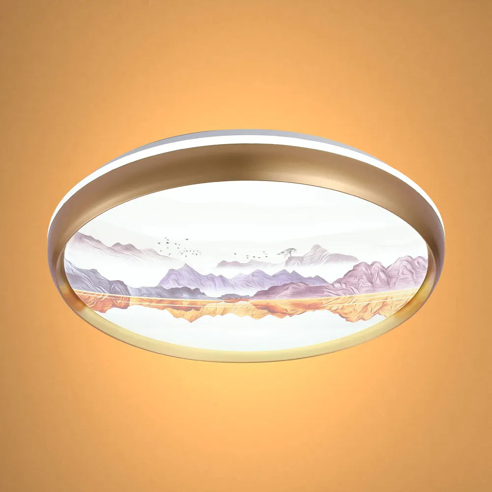 Contemporary Mountain Glow Artistic Flush Ceiling Light with gold rim, 24W LED, ideal for modern home interiors.