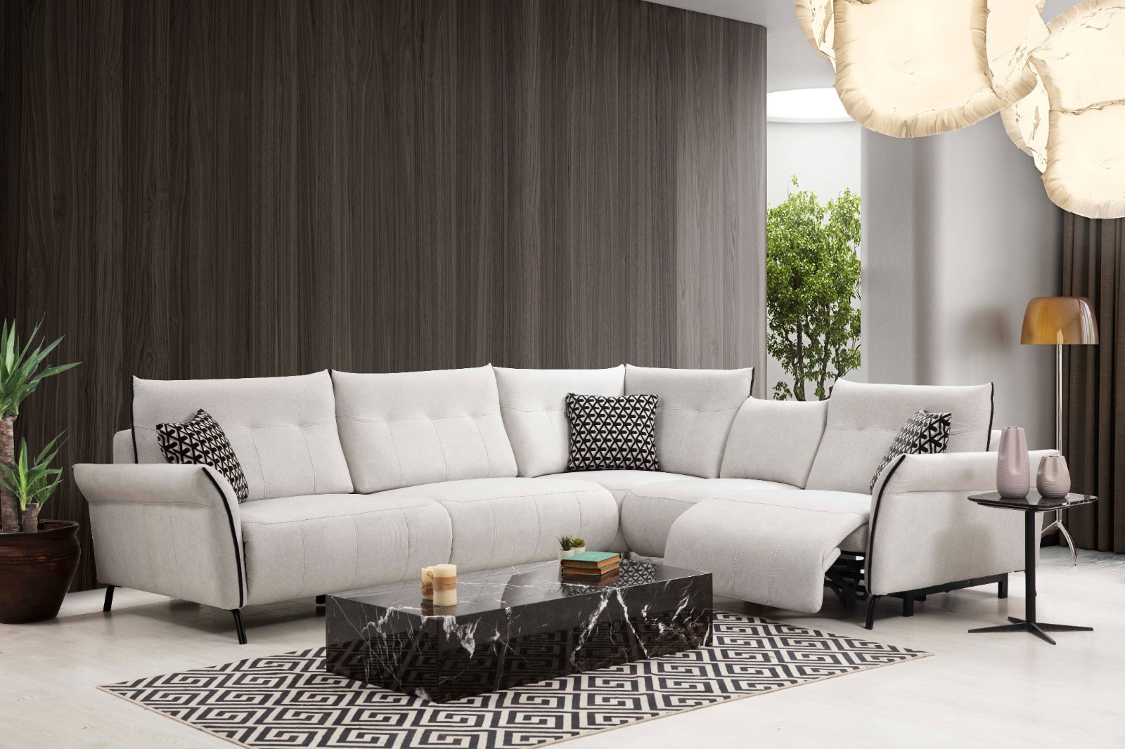 Netline Home Interior Mozart Corner Recliner Sofa showcasing plush fabric, padded armrests, and a comfortable corner design for everyday relaxation.
